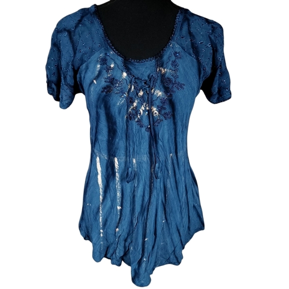 Vintage Blue Lace Up Neck Flowy Eyelet Top - Picture 1 of 9